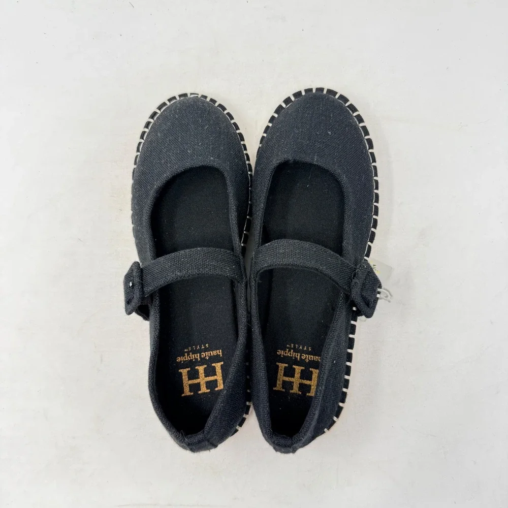 Haute Hippie Cicely Mary Jane Espadrilles Black‎ 7.5M Boho Canvas Buckle Coastal